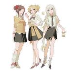  3girls axis_powers_hetalia bag belt black_skirt blonde_hair boots bracelet breasts brown_hair crown drink flower france_(hetalia) full_body genderswap genderswap_(mtf) green_eyes grey_background hair_bun hair_flower hair_ornament hand_on_own_hip highres holding holding_bag holding_compact holding_drink jewelry kaminai404 looking_at_viewer loose_socks medium_breasts mini_crown multiple_girls neck_ribbon necktie one_eye_closed pleated_skirt prussia_(hetalia) purple_eyes ribbon school_uniform shirt shoes short_sleeves simple_background single_hair_bun skirt smile sneakers socks spain_(hetalia) standing sweater updo white_hair white_shirt 