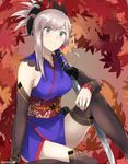  autumn_leaves black_legwear detached_sleeves fate/grand_order fate_(series) grey_eyes grey_hair hair_ornament japanese_clothes katana kimono looking_at_viewer miyamoto_musashi_(fate/grand_order) obi ponytail sash short_kimono sitting smile solo somechime_(sometime1209) sword thighhighs weapon 