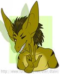  anthro dinosaur dtalvi fangs hair looking_at_viewer male simple_background smile solo teeth 
