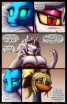 2024 absurd_res android anthro big_breasts black_circus blonde_hair blue_body blue_scales breasts canid canine canis cape clothing coco_(viroveteruscy) comic dialogue digital_media_(artwork) domestic_dog english_text eyewear female feral glasses group hair hi_res jo-ann_wolf machine mammal multicolored_body multicolored_scales open_mouth pillow pink_body pink_scales profanity purple_eyes raili_talopo red_eyes reptile robot scales scalie snake speech_bubble talking_feral teal_eyes teal_sclera teeth text topwear trio two_tone_body two_tone_scales viroveteruscy wolf wounded yellow_sclera