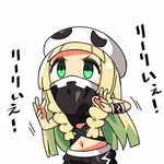  bandana bandana_over_mouth blonde_hair braid chibi cosplay covered_mouth crop_top green_eyes hat kanikama lillie_(pokemon) long_hair lowres navel pokemon pokemon_(game) pokemon_sm pun simple_background solo team_skull team_skull_uniform translated twin_braids upper_body white_background 