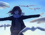  bird black_skirt blazer blue_sky blurry blush brown_hair day foreshortening highres hinao_(flowerrabbit2348) jacket long_sleeves looking_at_viewer neck_ribbon nose_blush original outstretched_arms pleated_skirt red_ribbon ribbon scarf seagull skirt sky smile solo spread_arms standing 