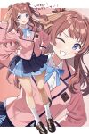  1girl :d ;d absurdres blazer blue_overskirt blue_ribbon blue_skirt border brown_footwear brown_hair commentary_request full_body gakuen_idolmaster hanami_saki hatsuboshi_gakuen_school_uniform highres idolmaster jacket letterboxed loafers long_hair looking_at_viewer multiple_views neck_ribbon one_eye_closed pink_jacket pleated_skirt ribbon salute school_uniform shirt shoes skirt smile socks translation_request two_side_up white_border white_shirt white_socks zaofeng 