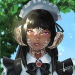  1girl au_ra black_bow black_hair bow brooch dappled_sunlight dragon_girl dragon_horns face final_fantasy final_fantasy_xiv hannah_santos heart highres hime_cut horns jewelry lips maid maid_headdress purple_eyes scales solo sunlight 