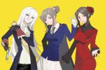  3girls ascot axis_powers_hetalia blonde_hair breasts brown_hair cowboy_shot crown flower france_(hetalia) genderswap genderswap_(mtf) gloves green_eyes hair_bun hair_flower hair_ornament highres holding holding_sword holding_weapon jacket kaminai404 long_hair long_sleeves looking_at_viewer medium_breasts military_uniform mini_crown multiple_girls necktie prussia_(hetalia) purple_eyes scar scar_on_cheek scar_on_face shirt simple_background single_hair_bun smile spain_(hetalia) sword updo weapon white_hair yellow_background 