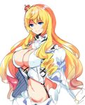  blonde_hair blue_eyes breasts bustier cleavage closed_mouth covered_nipples crown detached_sleeves huge_breasts lion_(zhan_jian_shao_nyu) long_hair looking_at_viewer midriff mini_crown navel puffy_sleeves simple_background sketch skirt smile solo uiroutsuji_yumihiko upper_body wavy_hair white_background white_skirt zhan_jian_shao_nyu 