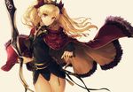  arched_back ass_visible_through_thighs black_dress blonde_hair breasts cape cowboy_shot dress earrings ereshkigal_(fate/grand_order) fate/grand_order fate_(series) floating_clothes floating_hair fur-trimmed_cape fur_trim gold_trim groin hair_ribbon highres holding holding_weapon jewelry leotard leotard_under_clothes long_hair looking_at_viewer red_cape red_eyes red_ribbon ribbon short_dress skull small_breasts smile solo sparkle thighs tiara twintails two_side_up weapon yuririensu 