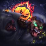 absurd_res anthro arthropod beetle claws duo elateroid firefly fog food fruit ghost halloween hi_res holidays insect light_eyes male naoto night plant pumpkin solo spirit tongue tongue_out tree