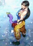  1girl 5tatsu bare_shoulders black_footwear black_hair blue_shirt breasts cargo_pants cleavage closed_mouth cosplay crop_top dated final_fantasy final_fantasy_vi final_fantasy_vii final_fantasy_vii_ever_crisis gloves hair_tie highres large_breasts low_ponytail muscular muscular_female official_alternate_costume pants red_eyes red_gloves sabin_rene_figaro sabin_rene_figaro_(cosplay) sash shirt sideboob signature snow solo strapless tifa_lockhart tifa_lockhart_(sabin&#039;s_style) tube_top twitter_username waist_sash watermark yellow_pants 