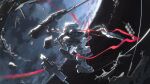  621_(armored_core_6) armored_core armored_core_6 ayre_(armored_core_6) battle_damage debris full_body gun highres in_orbit la_bo_chu_shi loader_4 mecha mecha_focus missile_pod no_humans planet robot science_fiction shoulder_cannon space weapon zero_gravity 