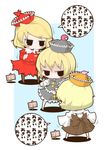  aki_shizuha blonde_hair commentary cosplay dress food fruit grapes hat leaf lunasa_prismriver lyrica_prismriver lyrica_prismriver_(cosplay) merlin_prismriver merlin_prismriver_(cosplay) popularity_contest sandwiched short_hair skirt touhou zannen_na_hito 