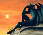  anthro cloud dragon dtalvi hair horn looking_at_viewer male nude outside scales sitting solo wings 