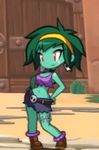  1girl animated animated_gif belt bouncing_breasts breasts cleavage dancing green_hair green_skin hand_on_hips headband hips midriff navel red_eyes rottytops shantae shantae:_half-genie_hero shantae_(series) shoes short_hair shorts skull_earrings solo stitches stomach tank_top torn_clothes zombie 