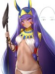  bangs blush bracelet breasts closed_mouth commentary_request dark_skin eyebrows_visible_through_hair facepaint fate/grand_order fate_(series) hair_between_eyes hairband holding holding_staff jewelry long_hair looking_at_viewer medium_breasts medjed midriff navel nitocris_(fate/grand_order) polearm purple_eyes purple_hair simple_background solo staff upper_body very_long_hair weapon white_background yaman 