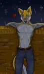  &lt;3 2017 anthro canine clothed clothing fireworks jeans leaning looking_at_viewer male mammal muscular pants pecs pointy_ears smile solo topless tuft vork vorktheartist wolf 