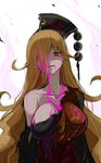  bangs bare_shoulders black_dress bleeding blonde_hair blood blood_from_mouth chinese_clothes collarbone commentary_request dress energy fox_tail hair_over_one_eye half-closed_eye hat head_tilt highres junko_(touhou) long_hair long_sleeves looking_at_viewer multiple_tails no_pupils open_mouth pointy_ears purple_blood raptor7 red_eyes sash simple_background sketch solo tabard tail torn_clothes torn_sleeve torn_tabard touhou upper_body white_background 