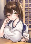  alcohol blush breast_rest breasts brown_eyes brown_hair collarbone cup fukuroumori hair_between_eyes hand_on_own_cheek holding holding_cup indoors japanese_clothes kaga_(kantai_collection) kantai_collection large_breasts looking_at_viewer sake short_hair side_ponytail smile solo table 