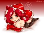  areola_slip areolae artist_name blush breasts cleavage commentary_request covered_nipples full_body green_eyes hat heart kneeling large_breasts looking_at_viewer octarian octoling santa_costume santa_hat solo splatoon_(series) splatoon_2 spoken_heart takobe tentacle_hair thighhighs zettai_ryouiki 