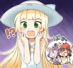  3girls acerola_(pokemon) beanie black_hair blonde_hair braid closed_eyes dress elite_four fang gen_7_pokemon green_eyes hair_ornament half_updo hat lillie_(pokemon) long_hair mimikyu mizuki_(pokemon) multiple_girls open_mouth pokemon pokemon_(creature) pokemon_(game) pokemon_sm purple_hair red_hat short_hair sleeveless sleeveless_dress sun_hat tamute_(2580rs) tears trial_captain twin_braids white_dress white_hat 