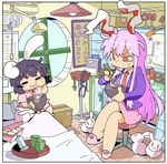  2girls animal_ears bed black_hair blazer blue_jacket bowl box bunny bunny_ears cardboard_box carrot_necklace chopsticks crossed_legs cup dress eating hospital_bed inaba_tewi indoors jacket kune-kune lamp long_hair moyazou_(kitaguni_moyashi_seizoujo) multiple_girls necktie pink_dress pink_hair pink_skirt red_eyes red_neckwear reisen_udongein_inaba sitting skirt slippers steam stethoscope surprised syringe touhou tray very_long_hair window yunomi 