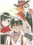  2boys bandages black_corset black_gloves blouse freckles gloves green_eyes hair_over_one_eye hat jacket looking_at_another looking_at_viewer multiple_boys orange_hair oscar_pine red_cloak roman_torchwick roosterteeth ruby_rose rwby shirt silver_eyes white_blouse white_jacket white_shirt yellow_eyes 