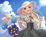 alternate_costume bangs blonde_hair blue_sky blunt_bangs blush braid breasts cloud collared_shirt commentary cosmog day dress frilled_sleeves frills gen_7_pokemon green_eyes happy hat highres lace lace-trimmed_dress lillie_(pokemon) long_hair long_sleeves looking_at_viewer medium_breasts meme_attire mimikaki_(men_bow) open_mouth outstretched_arms pokemon pokemon_(creature) pokemon_(game) pokemon_sm ribbon shirt sky spread_arms sun sun_hat sunlight twin_braids virgin_killer_outfit 
