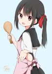  :3 apron artist_name bangs black_hair blue_background blush brown_eyes cat chijou_noko chikanoko commentary copyright_name dated eyebrows_visible_through_hair from_side hair_between_eyes hair_ribbon holding holding_spoon long_hair looking_at_viewer open_mouth outstretched_hand ragho_no_erika red_ribbon ribbon rice_spoon school_uniform serafuku side_ponytail signature simple_background smile solo spoon upper_body 