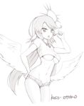 1girl angel_wings breasts candy crop_top crop_top_overhang feathered_wings food groin halo hand_on_hip highres jibril_(no_game_no_life) kuso_otoko large_breasts lollipop long_hair low_wings magic_circle midriff monochrome navel no_game_no_life open_fly open_mouth shirt short_shorts shorts skindentation solo taut_clothes taut_shirt tongue unbuttoned underboob unzipped very_long_hair white_wings wings 