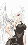  alternate_costume angel_wings arm_at_side bangs black_dress black_shirt breasts dress eyelashes eyes_visible_through_hair hand_on_hip highres hips impossible_clothes impossible_dress kishin_sagume large_breasts light_frown long_eyelashes looking_at_viewer looking_to_the_side markings navel no_nose one_eye_closed pointy_ears raptor7 red_eyes shiny shiny_clothes shirt short_ponytail sideboob single_strap single_wing sketch sleeveless sleeveless_dress solo tattoo touhou white_hair wings 