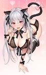  all_fours animal_ears arm_ribbon ass bangs bell black_bow black_bra black_legwear black_ribbon blush bow bra breasts cat_ears cat_tail cleavage covered_nipples detached_collar directional_arrow eyebrows_visible_through_hair fang full_body garter_belt garters gradient gradient_background grey_hair hair_ribbon harajuku_mimi heart highres jingle_bell lace lace-trimmed_bra lace_bra lace_trim large_breasts lingerie lipstick long_hair looking_at_viewer makeup no_shoes official_art open_mouth paw_pose pink_background pink_bow pink_lips red_eyes ribbon saliva shimashima08123 silver_hair solo strap_slip sweat tail tail_bow thighhighs tokyo_exe_girls two_side_up underwear very_long_hair 