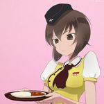  akagi_(fmttps) alternate_costume bad_id bad_pixiv_id brown_eyes brown_hair coco's food garrison_cap girls_und_panzer hat name_tag nishizumi_maho pink_background ribbon simple_background solo waitress 