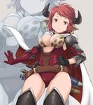  animal_ears animal_print black_gloves breasts capelet cleavage cow_ears draph gloves granblue_fantasy hand_on_hip horns kosyooka leopard_print looking_at_viewer medium_breasts pink_hair red_eyes red_hair short_hair solo sturm_(granblue_fantasy) sword weapon zoom_layer 