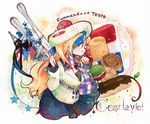  anchor annotation_request beret blonde_hair blue_eyes blue_hair commandant_teste_(kantai_collection) cookie cream_puff doughnut eiffel_tower food french hat highres itomugi-kun kantai_collection long_hair macaron multicolored_hair plaid plaid_scarf pom_pom_(clothes) popsicle red_hair scarf solo streaked_hair sweets tongs tongue tongue_out white_hair 