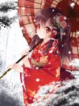  alternate_costume blush eyebrows_visible_through_hair floral_print flower hair_flower hair_ornament hair_tubes hakurei_reimu haruki_(colorful_macaron) holding japanese_clothes kimono long_sleeves looking_at_viewer oriental_umbrella red_eyes red_kimono smile snow solo touhou umbrella wide_sleeves 