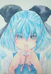  :3 blue_eyes blue_hair bow cirno crossed_fingers graphite_(medium) hair_bow highres ice ice_wings looking_at_viewer neck_ribbon ribbon short_hair solo touhou traditional_media upper_body watercolor_(medium) wings x yuyu_(00365676) 