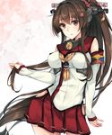  bare_shoulders breasts brown_eyes brown_hair cherry_blossoms detached_sleeves eyebrows_visible_through_hair fingernails headgear highres hip_vent holding holding_hair kantai_collection long_hair looking_at_viewer medium_breasts petals pleated_skirt ponytail radar_hair_ornament red_skirt rinarisa skirt sleeves_past_wrists solo very_long_hair yamato_(kantai_collection) z_flag 