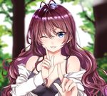  blue_eyes breasts brown_hair cleavage grin hamu_(plot_sy) ichinose_shiki idolmaster idolmaster_cinderella_girls index_finger_raised koi_dance large_breasts light_blush long_hair looking_at_viewer off_shoulder one_eye_closed pointing pointing_up smile solo spaghetti_strap wavy_hair 