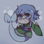  blue_eyes blue_hair chibi commentary_request drill_hair full_body green_kimono head_fins japanese_clothes kimono mermaid mokanaria monster_girl obi sash solo touhou underwater wakasagihime 