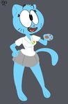  2017 anthro barefoot blue_fur breasts cartoon_network cat cleavage clothed clothing cross-eyed digital_media_(artwork) eyelashes fangs feline fur hand_on_hip hatchet-hare mammal nicole_watterson open_mouth pose shirt simple_background skirt smile solo standing the_amazing_world_of_gumball tongue whiskers 