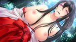  amasora_taichi black_hair breasts day dutch_angle game_cg glowing glowing_eyes japanese_clothes large_breasts lipstick long_hair long_sleeves makeup miko miyuko_asudo nipples off_shoulder official_art outdoors ruri_no_ie solo 