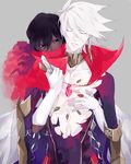  9tsumura arjuna_(fate/grand_order) behind_another black_hair blue_eyes brown_hair center_opening dark_skin dark_skinned_male fate/apocrypha fate/extra fate/grand_order fate_(series) gloves karna_(fate) knife male_focus multiple_boys pale_skin text_focus white_gloves white_hair 
