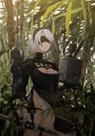  absurdres areola_slip areolae bad_id bad_twitter_id black_dress black_gloves blindfold breasts ciero closed_mouth dress gauntlets gloves headband highres holding holding_weapon jungle large_breasts leotard long_sleeves machinery nature nier_(series) nier_automata outdoors plant see-through short_hair solo sword thighs weapon white_hair white_leotard yorha_no._2_type_b 