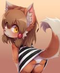  2017 ambiguous_gender anthro bent_over big_eyes blush brown_fur brown_hair butt canine clothing cub dagasi dress fox fur gradient_background hair inner_ear_fluff kemono looking_at_viewer looking_back mammal panties panty_shot perro-kun simple_background solo underwear white_fur yellow_eyes young 