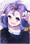  acerola_(pokemon) bad_id bad_pixiv_id downblouse dress flipped_hair gao hair_ornament highres looking_at_viewer open_mouth pokemon pokemon_(game) pokemon_sm purple_eyes purple_hair short_hair solo topknot wada_kazu 