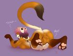  abdominal_bulge ass_up breasts butt cownugget duo eyes_closed female female_prey fur lying mammal mustelid on_front orange_fur paws pussy raised_tail sigh simple_background smile soles solo_focus vore 