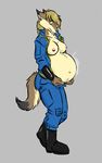  aggrobadger belly big_belly boots breasts brown_fur canine clothing coyote fallout female footwear fur jumpsuit looking_down mammal nipples plantigrade pregnant solo video_games wardrobe_malfunction 
