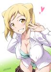  alternate_breast_size artist_name ass_visible_through_thighs blonde_hair bow bow_panties bra breasts cameltoe cleavage collarbone covered_nipples demi-chan_wa_kataritai double_bun dress_shirt eyebrows green_bra green_panties grin heart joy_ride large_breasts leaning_forward open_clothes open_shirt panties shirt short_hair skirt skirt_pull smile solo sparkle takanashi_hikari unbuttoned unbuttoned_shirt underwear v yellow_eyes 