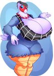  2018 4_fingers abstract_background absurd_res amelia_(animal_crossing) animal_crossing anthro avian barely_visible_genitalia barely_visible_pussy beak big_breasts bird blue_feathers bottomless breasts caracara cleavage clothed clothing eyelashes falcon feathers featureless_crotch female half-closed_eyes hi_res huge_breasts jaeh looking_at_viewer navel nintendo non-mammal_breasts portrait pussy shirt smile solo standing tank_top thick_thighs three-quarter_portrait video_games voluptuous wide_hips 