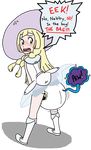  blonde_hair blush bunnyboydl94 clothed clothing cosmog dialogue diaper diaper_entrapment diaper_stuffing dress green_eyes hair lillie_(pokemon) nintendo open_mouth pok&eacute;mon text video_games 