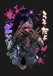  akanbe buttons cropped_torso danganronpa grey_background highres looking_at_viewer male_focus new_danganronpa_v3 nobobit open_mouth ouma_kokichi protected_link purple_hair simple_background smile solo straitjacket tongue tongue_out translation_request 